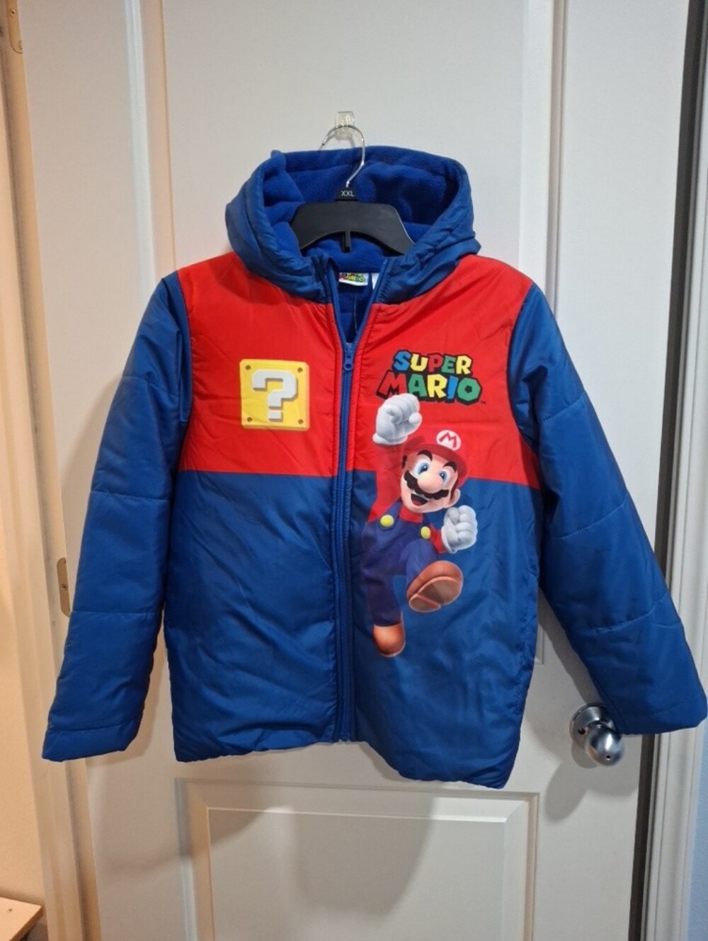 Nintendo Super Mario Blue & Red Quilted Puffer Jacket withHood Boys Size 10/12Y